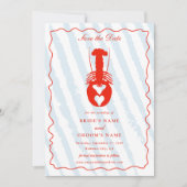 Lobster Heart Blue Stripes Nautical Beach Wedding セーブザデート (正面)