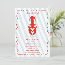 Lobster Heart Blue Stripes Nautical Beach Wedding セーブザデート