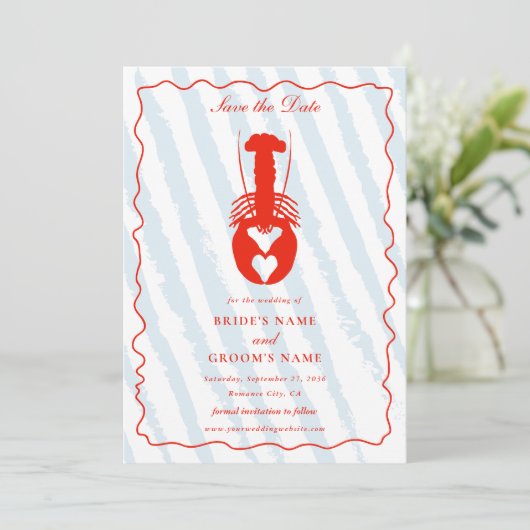 Lobster Heart Blue Stripes Nautical Beach Wedding セーブザデート (スタンド正面)