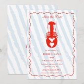 Lobster Heart Blue Stripes Nautical Beach Wedding セーブザデート (正面/裏面)