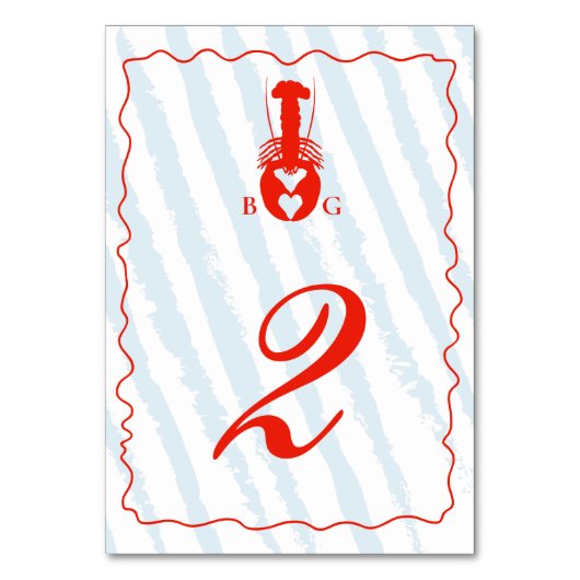 Lobster Heart Blue Stripes Nautical Beach Wedding テーブルナンバー (正面)