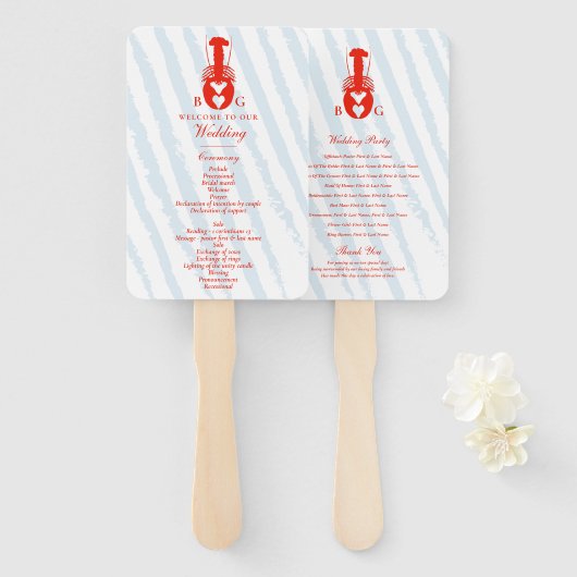 Lobster Heart Blue Stripes Nautical Beach Wedding ハンドファン (正面&裏面)