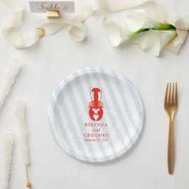 Lobster Heart Blue Stripes Nautical Beach Wedding ペーパープレート