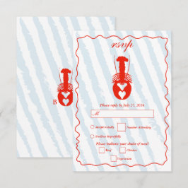 Lobster Heart Blue Stripes Nautical Beach Wedding 出欠カード