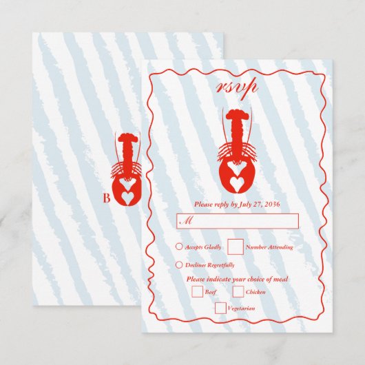 Lobster Heart Blue Stripes Nautical Beach Wedding 出欠カード (正面/裏面)
