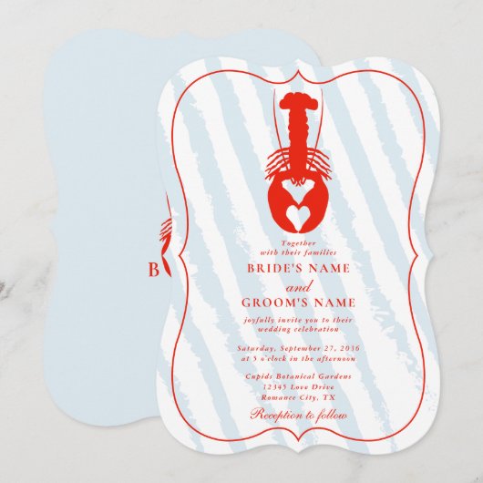 Lobster Heart Blue Stripes Nautical Beach Wedding 招待状 (正面/裏面)