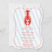 Lobster Heart Blue Stripes Nautical Beach Wedding 招待状 (正面)