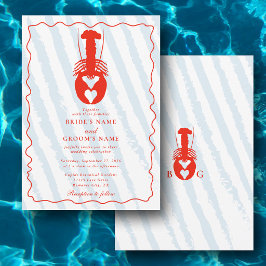 Lobster Heart Blue Stripes Nautical Beach Wedding 招待状