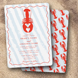 Lobster Heart Blue Stripes Nautical Beach Wedding 招待状