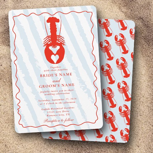Lobster Heart Blue Stripes Nautical Beach Wedding 招待状