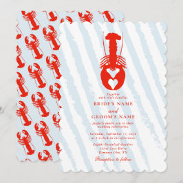 Lobster Heart Blue Stripes Nautical Beach Wedding 招待状