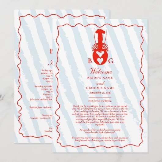Lobster Heart Blue Stripes Wedding Itinerary プログラム (正面/裏面)