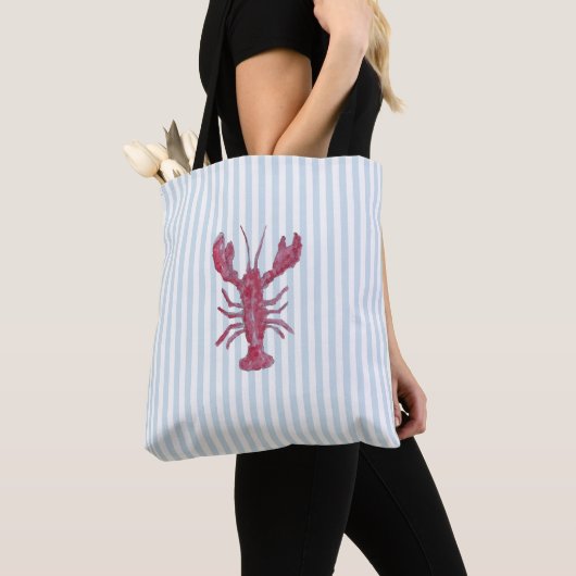 Lobster Painting Nautical Blue Stripe Coastal トートバッグ (クローズアップ)