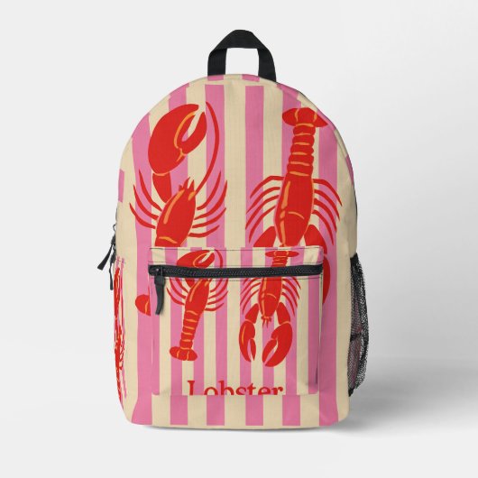 Lobster Pop Bold Crustaceans on Candy Stripes プリントバックパック (正面)