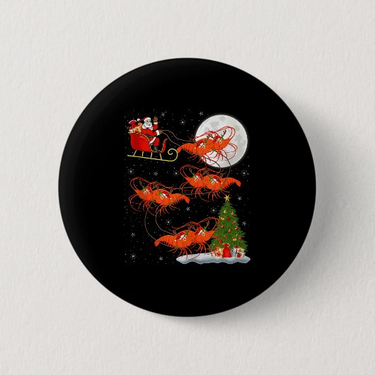 Lobster Shrimp Santa Sleigh Flying Funny Magical C 缶バッジ (正面)