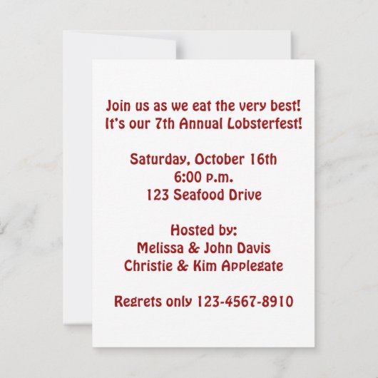 Lobsterfestのかわいく赤いロブスターのハート形の挟み 招待状 (裏面)