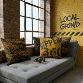 "Local Grind" ストリートアート ダストブラックとイエロー クッション