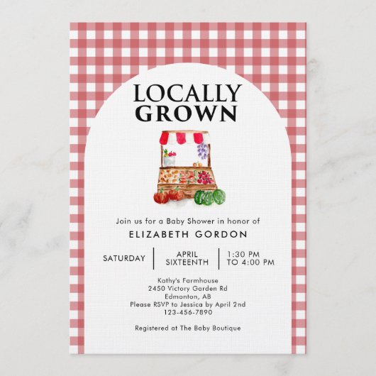 Locally Grown Baby Shower Farm Market Gingham 招待状 (正面)
