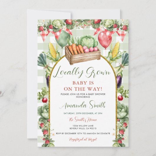 Locally Grown Fresh Market Baby Shower Gingham 招待状 (正面)