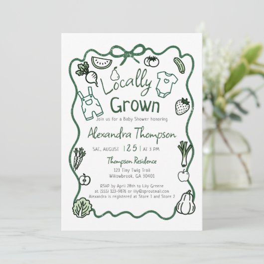 Locally Grown Hand Drawn Bow Clothes Baby Shower 招待状 (スタンド正面)