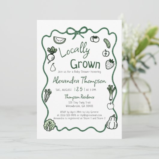 Locally Grown Hand Drawn Bow Squiggle Baby Shower 招待状 (スタンド正面)