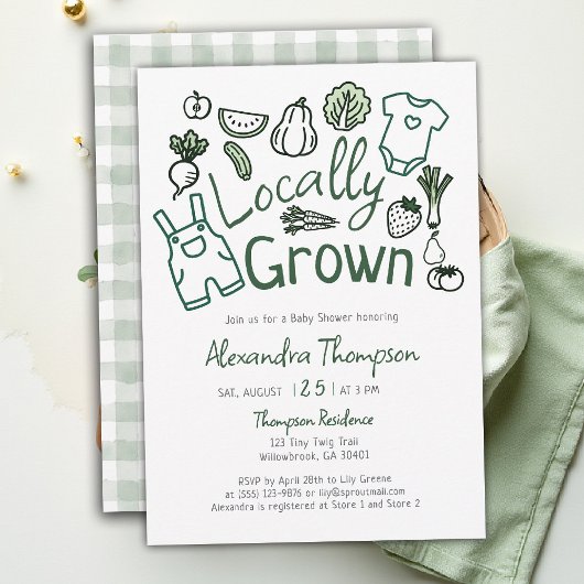 Locally Grown Hand Drawn Farm Veggies Baby Shower 招待状