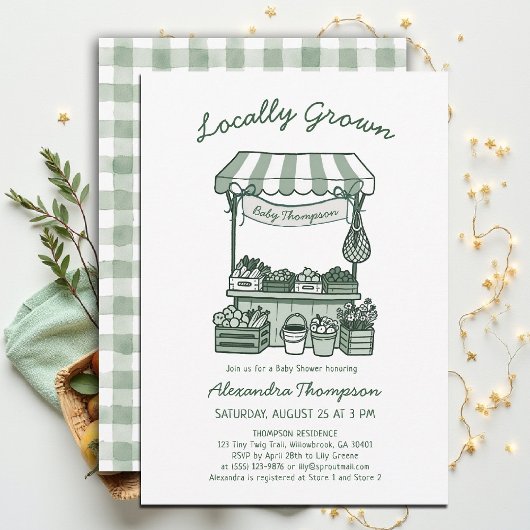 Locally Grown Market Stand Sage Green Baby Shower 招待状