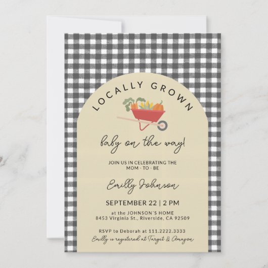 Locally Grown Modern Grey Gingham Baby Shower 招待状 (正面)