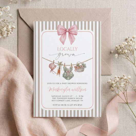Locally Grown Pink Bow Farmers Baby Girl Shower 招待状