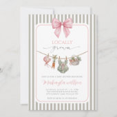Locally Grown Pink Bow Farmers Baby Girl Shower 招待状 (正面)
