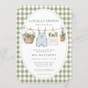 Locally Grown Sage Gingham Twins Baby Shower 招待状