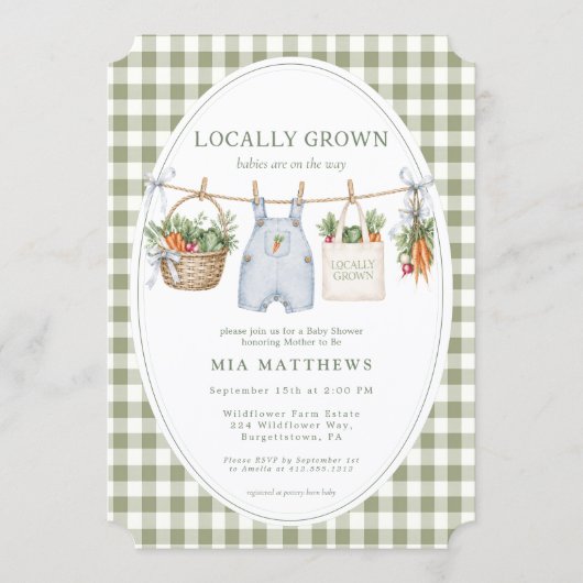 Locally Grown Sage Gingham Twins Baby Shower 招待状 (正面)