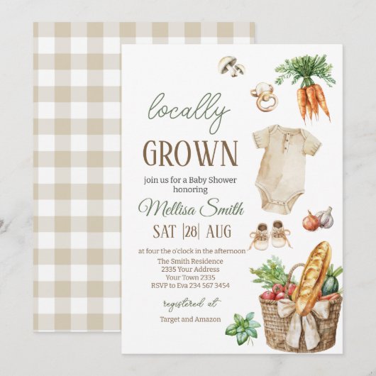 Locally Grown Veggies Farmers Market Baby Shower 招待状 (正面/裏面)