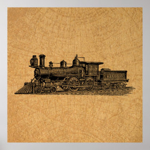 Locomotive Train Vintage Steam Engine & Map Style ポスター