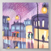 Lofi 雨の散歩 | カラフルな街の灯り 水彩画 ポスター (正面)