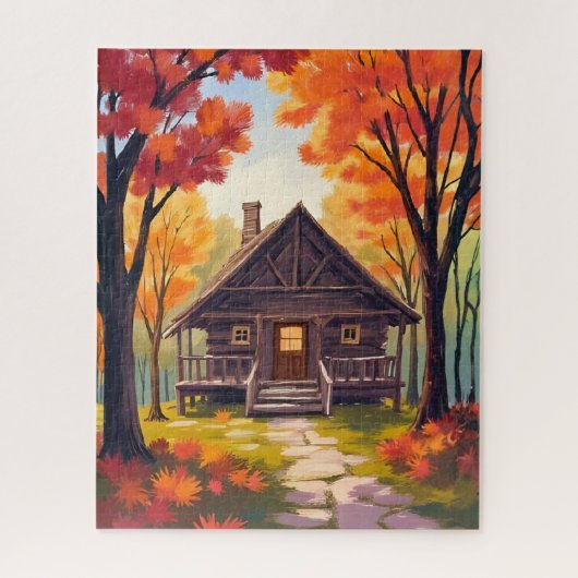 Log Cabin | Fall Foliage Forest Watercolor ジグソーパズル (縦)