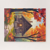 Log Cabin | Fall Foliage Forest Watercolor ジグソーパズル (横)