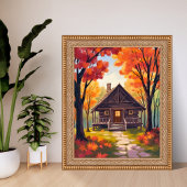 Log Cabin | Fall Foliage Forest Watercolor ポスター