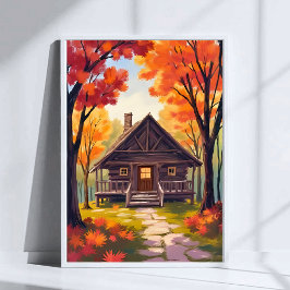 Log Cabin | Fall Foliage Forest Watercolor ポスター