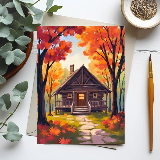 Log Cabin | Fall Foliage Forest Watercolor ポストカード