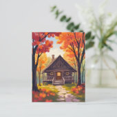 Log Cabin | Fall Foliage Forest Watercolor ポストカード (スタンド正面)