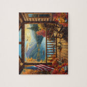 Log Cabin Porch Autumn Mountain Lake View ジグソーパズル (縦)