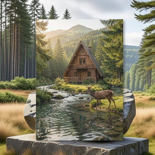 Log Cabin, Stream and Deer, Father's Day カード