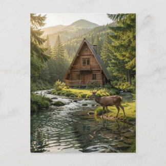 Log Cabin, Stream and Deer, Father's Day ポストカード