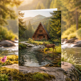 Log Cabin, Stream and Deer, Happy Birthday カード