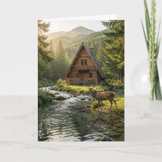 Log Cabin, Stream and Deer, Happy Birthday Dad カード (正面)