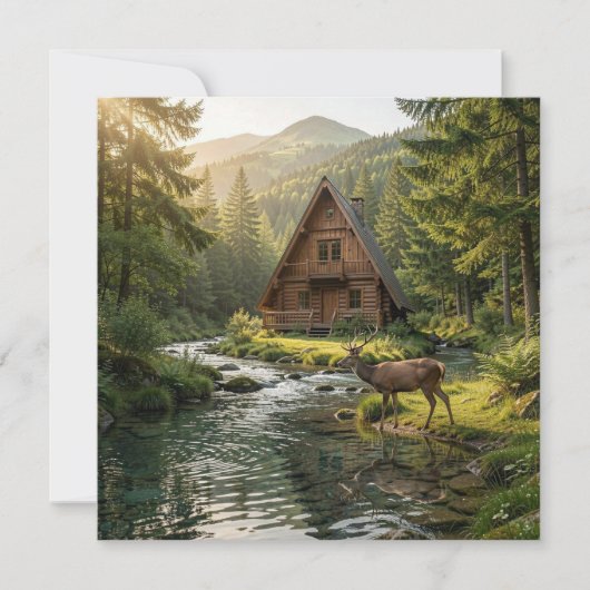 Log Cabin, Stream, Mountains and Deer Nature Art (正面)