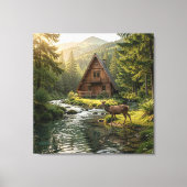 Log Cabin, Stream, Mountains and Deer Nature Art キャンバスプリント (正面)