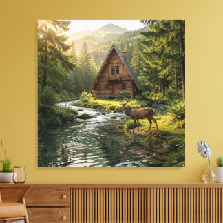Log Cabin, Stream, Mountains and Deer Nature Art キャンバスプリント