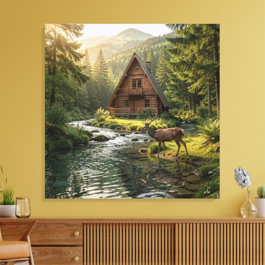 Log Cabin, Stream, Mountains and Deer Nature Art キャンバスプリント (インサイチュ (リビング))